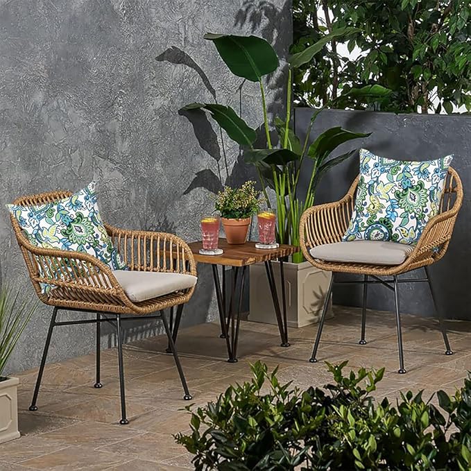 Magpie Fabrcis Pack of 2 Outdoor Waterproof Throw Pillow with Insert 18 x 18 Inch, Christmas Decorative Back Cushion Pad for Garden Patio Tent Balcony Couch Sofa(Floral Blue Green)