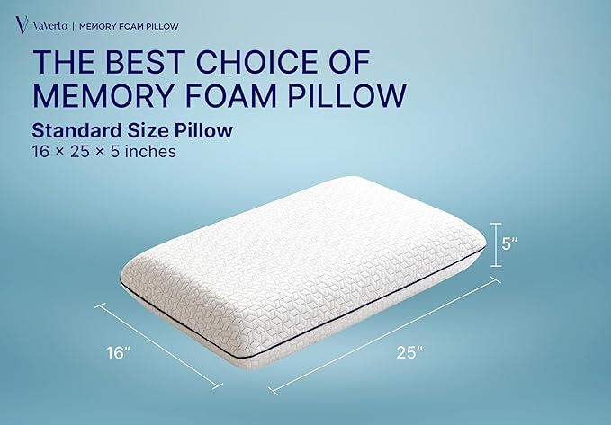 Vaverto Gel Memory Foam Pillow - Standard Size, 1 Pack, Firm Pillow for Neck and Shoulder Support, Orthopedic, Firm, Cooling, Contoured Memory Foam Pillows for Back, Side, Stomach Sleepers