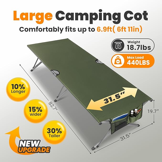 Oversized Camping Cot Foldable for Adults - Upgraded Version Easy-to-Assemble Sleeping Cots for Outdoor, Supports Campers up to 6.9ft or 450lbs, with Storager Bag, 82” L x 32” W (Green)