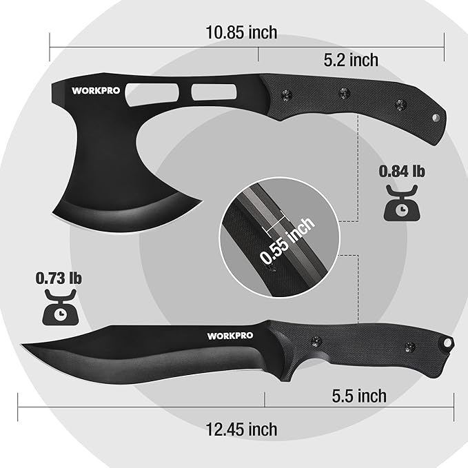 WORKPRO Hunting Knife and Hatchet Axe Combo Set - Full Tang Fixed Blade Tactical Knife and Camping Axe - Survival Knife and Camping Hatchet with Sheathes - Tactical Knife and Survival Axe for Men