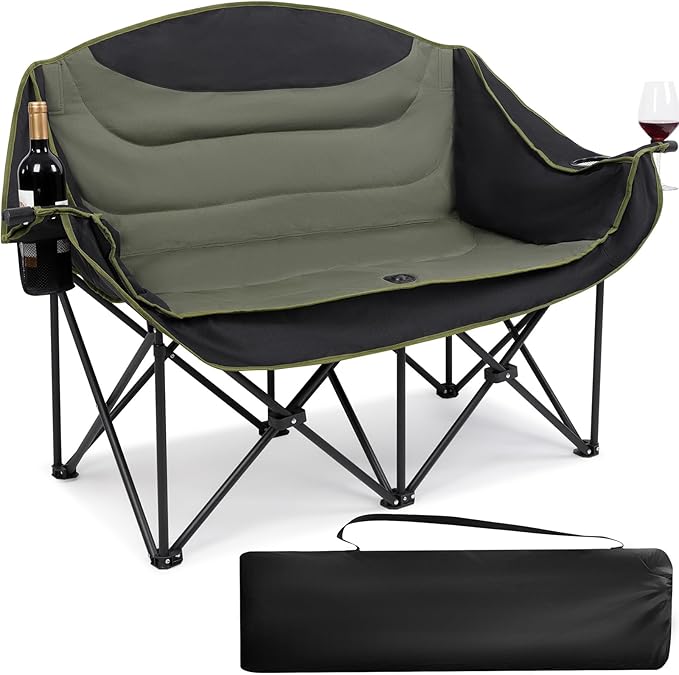 UBALANCE Double Camping Chair for Adults - Heavy Duty 650LBS Portable Camping Chairs Oversized Camping Loveseat, Folding Camping Chair for Garden Lawn Sport Picnic Beach Fishing (Green)