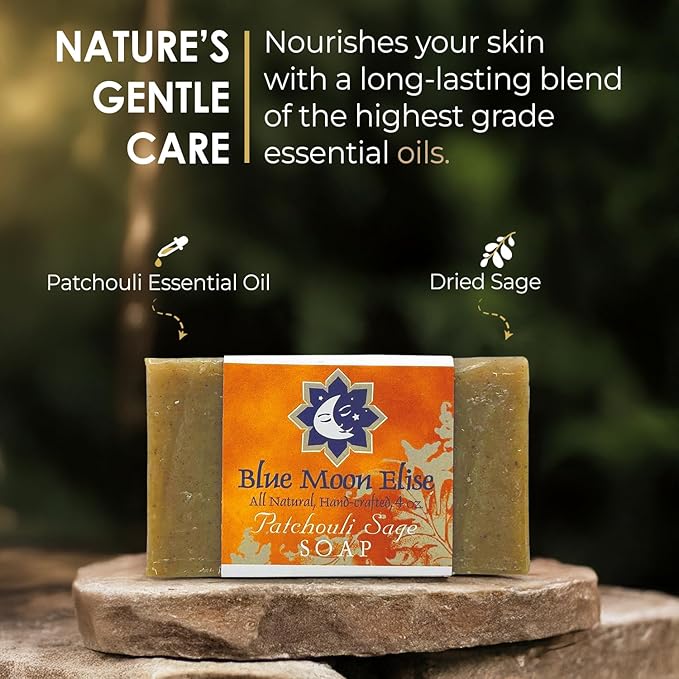 Patchouli Sage All Natural Bar Soap, Made with Organic Ingredients, Handmade in the USA, Moisturizing and Therapeutic for Face/Body, For Sensitive Skin, For Men and Women