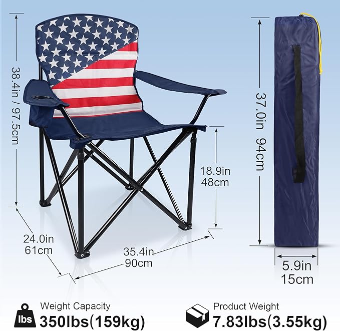 Folding Camping Chairs 2 Pack:Oversized Padded Lawn Chair for Adult,Collapsible for Outdoor,Camp,Fishing & Garden,350-lbs Capacity,American Flag