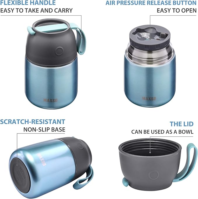 Insulated Thermo Food Jar for Hot & Cold Food for Kids Adult, 17 oz Soup Thermal Hot Food Containers for Lunch, Triple Layer Insulation Stainless Steel Food Jar with Spoon (Lightblue)