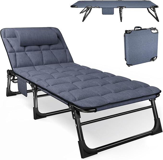 ATORPOK Folding Camping Cot for Adults with Padded Mattress and Pillow, Adjustable Reclining Lounger Sleeping Cot Bed, Ideal for Camping, Travel, Garden, or Office Use, Blue