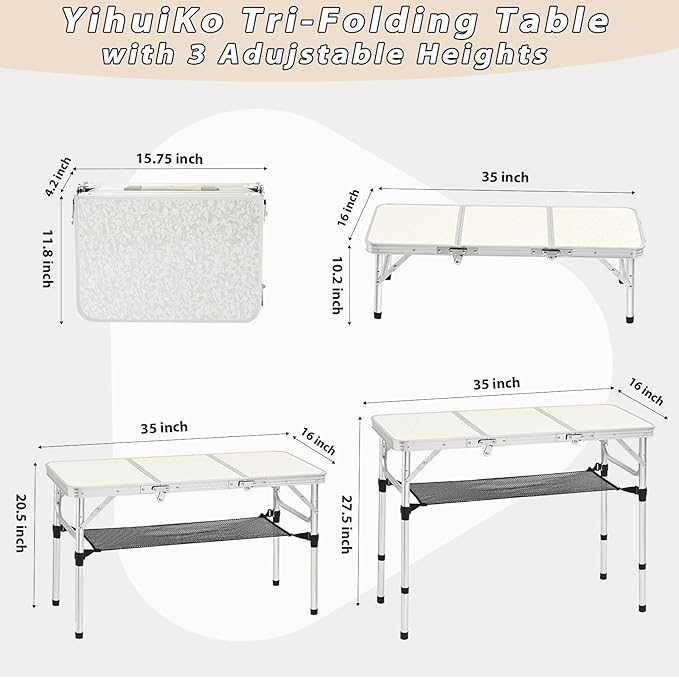 3ft Aluminum Folding Picnic Table - Lightweight & Portable Outdoor Table with Adjustable Height, Storage Net for Camping, Backyard, RV Trips