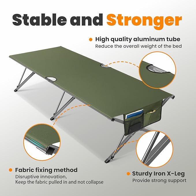 Oversized Camping Cot Foldable for Adults - Upgraded Version Easy-to-Assemble Sleeping Cots for Outdoor, Supports Campers up to 6.9ft or 450lbs, with Storager Bag, 82” L x 32” W (Green)
