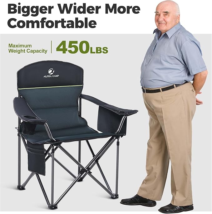 ALPHA CAMP Oversized Camping Chair Heavy Duty Lawn Chair with Cooler Bag Support 450 LBS Steel Frame Collapsible Padded Arm Quad Lumbar Back Folding Chair for Lawn Outdoor