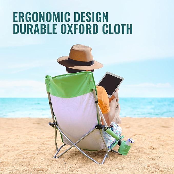VILLEY Low Beach Chair, High Back Folding Beach Chair for Adults, Lightweight and Portable for Outdoor, Beach, Camping, Lawn, Music Festival, with Cup Holder and Carry Bag-Green Tropical Leaves