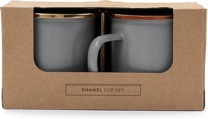 Barebones Enamel Cup Set- Enamel Coffee Mugs Set of 2 16-oz - Stainless Steel Rim Camping Mug for Indoor and Outdoor Use (Eggshell)