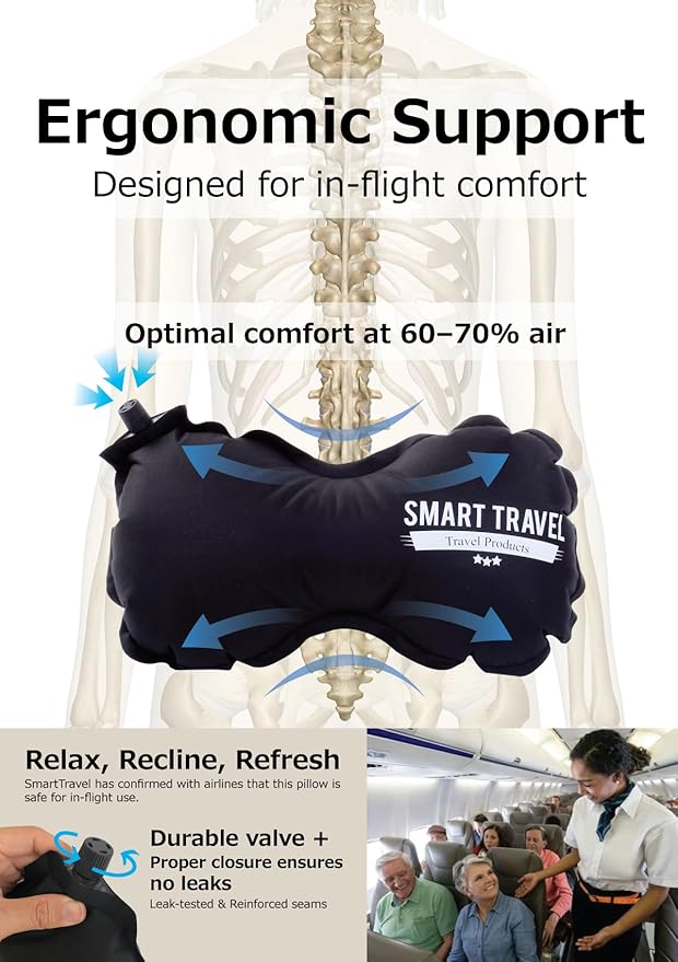 SmartTravel Travel Products Lumbar Pillow Inflatable Lumbar Support Pillow Travel Pillows for Airplane Long Flight Essential for Women Men Kids