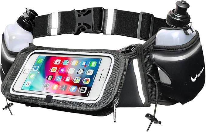 No.1 Hydration Belt by Runtasty - Premium Running Fuel Belt w/2 BPA-Free 10 oz Water Bottles, Tilt-Up Pocket w/Touchscreen-Ready Cover - Fits All iPhones, Runners Ebook & No-Bounce Design