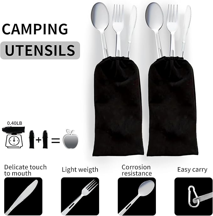 2 set Camping utensil and silverware of ultra light 4 in 1 camping utensil set of spoon fork knife combo for 2 persons use for camping,hiking,RV traveling as outdoor cooking and dining