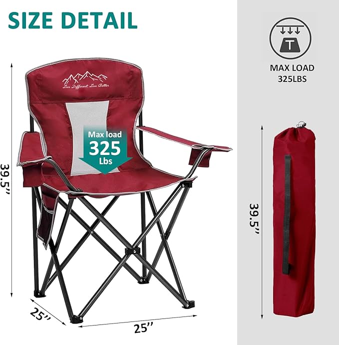 Mesh Folding Camping Chairs, Oversized Portable Outdoor Chairs, Weight Capacity 325 lbs with Cup Holder, Storage Pocket, Carry Bag Red