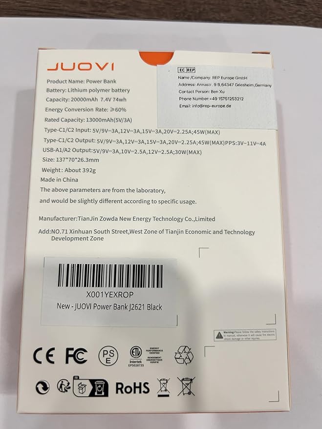 J2621 Power Bank Portable Charger,20000mAh 45W PD3.0 QC 4.0 Fast Charging Battery Pack with LED Display,2 USB-C,2 USB-A for iPhone 15 16, MacBook