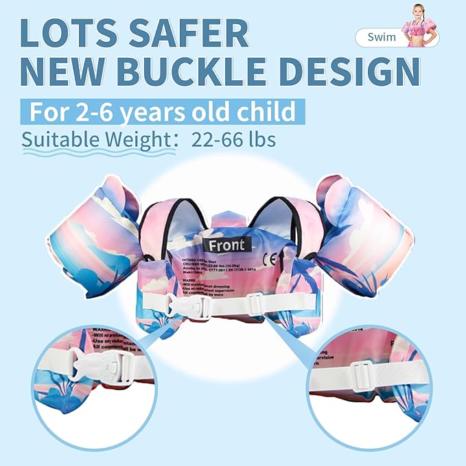 Coast Guard Approved UL Kids Swim Vest for Children Learn Swimming Training Toddler Floaties with Adjustable Non-Slip Buckle Shoulder Harness Arm Wings for 22-66 lbs Boys/Girls Beach