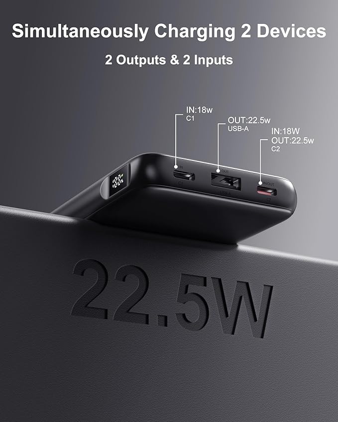 2-Pack 10000mAh Power Bank Fast Charging, 22.5W Compact USB C Portable Charger with 2 Outputs & 2 Inputs, LED Display Battery Pack Compatible with iPhone Samsung iPad Tablets, Purple & Beige