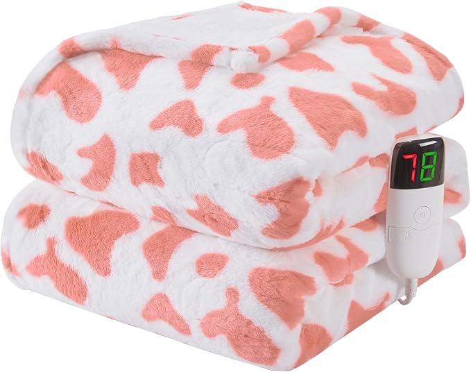 Cow Print Heated Electric Blanket Twin,62X84 Pink Heating Blanket with 10 Heats Levels & 8 Hours Auto Off,Cute Cow Decor Fleece Sherpa Blankets Warmer Gifts for Women Couch Office,Washable,ETL