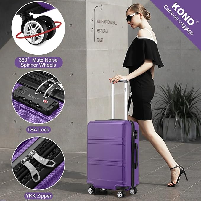 Kono 24 Inch Luggage Suitcase Lightweight with Spinner Wheels TSA Lock Hardside Medium Checked Luggage Durable Rolling Suitcase Purple