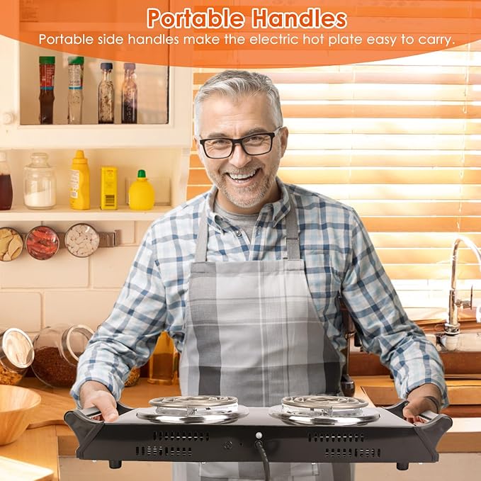 Hot Plate, 2000W Portable Electric Stove for Cooking with Stay Cool Handles & 5 Levels Adjustable Temperature, Countertop Double Coil Burner for Home RV Camp Compatible for All Cookwares,Black