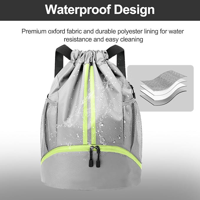 Hoedia Sports Drawstring Backpack - String Swim Gym Bag with Shoes Compartment and Wet Proof Pocket for Women and Men