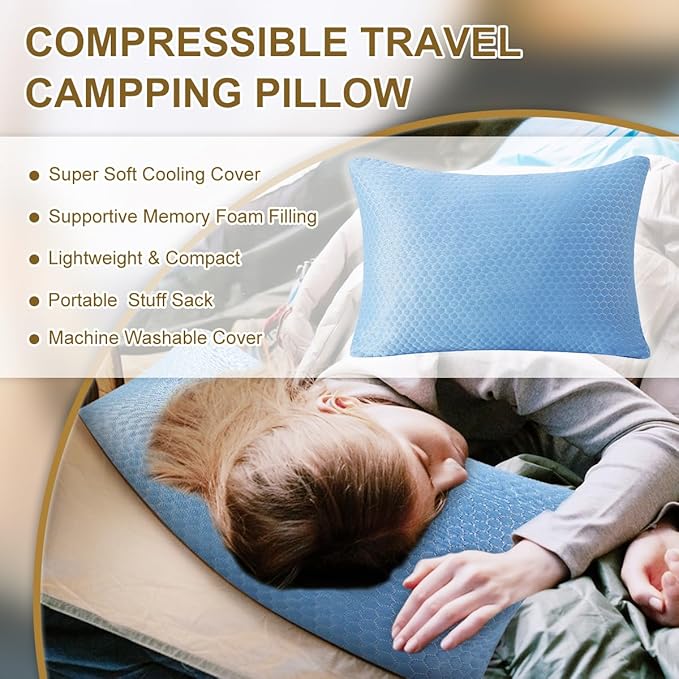 Ivellow Travel Pillow Cooling Camping Pillow for Sleeping Compressible Shredded Memory Foam Pillow Compact Firm Supportive Pillow for Adults Kids Outdoor Backpacking Hiking Essential Gear Blue M