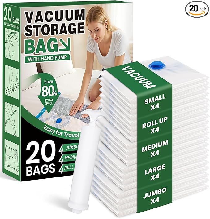 Vacuum Storage Bags,20Pack Vacuum Seal Bags for Clothing,Travel,Clothes,Comforters,Blankets,Pillows-4 Jumbo+4 Large+4 Medium+4 Small+4 Roll Up Space Saving Bag Hand Pump Inclued