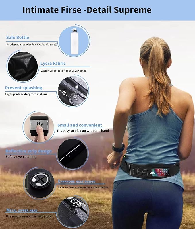 SENIKO Running Belt Hydration with Bottles,Fanny Pack Water Bottle Holder, Zipper Waist Pouch Fits Most phones,Zerobounce Design for Cycling Climbing Marathon (upgradation)