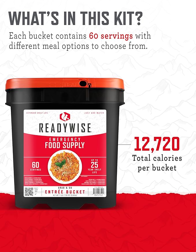 ReadyWise Entrée Bucket - 60 Servings, Emergency Food Supply for Survival Kit, Protein Meals, Freeze Dried Food, Ready to Eat Camping & Road Trip Essentials, up to 25 Year Shelf Stable Life