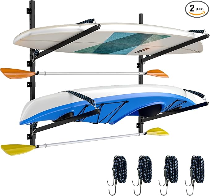 Kayak Storage Rack for Garage Wall Mount - Heavy L-Frame Holder with Anti-Slip Bungee & Complete Installation Kit, Supports 150LB (Fits Canoe/Paddle Board, Black) (2PACK)