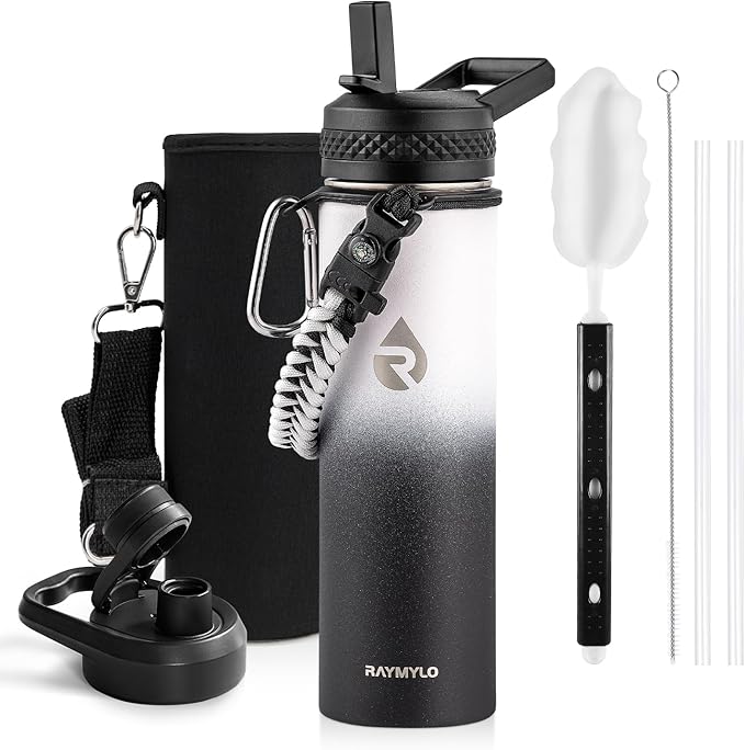 Insulated Water Bottle 20 oz, Triple Wall Vacuum Stainless Steel (Cold for 48 Hrs), Leak Proof & Non-BPA, Kids Water Bottle Jug for School with Straw Spout Lids, Ombre: White/Black