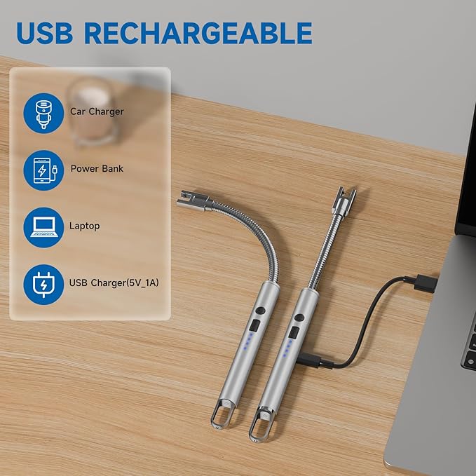 2 Pack Electric Candle Lighter Flameless Arc Windproof Flexible Long Neck USB Rechargeable Lighter for BBQ Grill Fireworks Camping.(Silver)