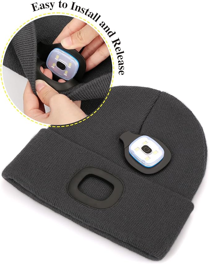 MELASA Unisex Hat with Light, USB Rechargeable Hands Free Headlamp LED Beanie, Winter Gifts for Men Dad Father Husband Him