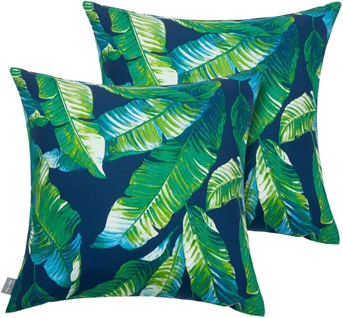 Magpie Fabrics Patio Pillow Covers ONLY 18"x18", Set of 2, Fade-Resistant Outdoor Indoor Decorative Throw Pillowcase Shell for Couch Garden Furniture - Green Lagoon Leaves