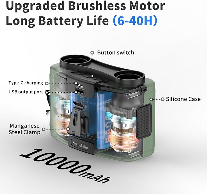 Socool 10000mAh Portable Waist Fan Clip on Wearable Belt Personal Fans Rechargeable Battery Operated, 20H Cooling with 10 Speeds & Dual Motors,Neck Hanging Hands-Free for Outdoor Travel Power Bank