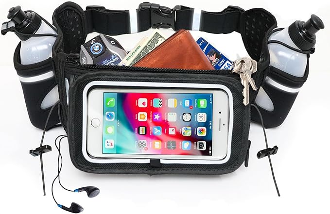 No.1 Hydration Belt by Runtasty - Premium Running Fuel Belt w/2 BPA-Free 10 oz Water Bottles, Tilt-Up Pocket w/Touchscreen-Ready Cover - Fits All iPhones, Runners Ebook & No-Bounce Design