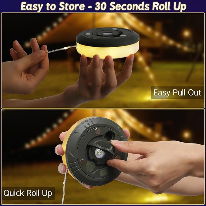 Camping String Lights, Rechargeable Tent Lights String with 8 Lighting Modes, Camping Essentials Gear 32.8FT Lamp Light, Rechargeable Waterproof LED Light for Tent Yard Garden Hiking Decor 2 Pack