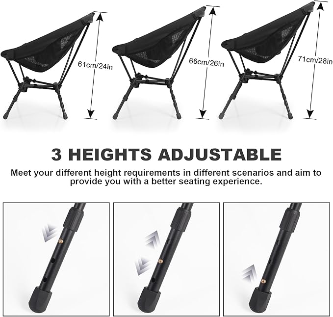 MINGPINHUIUS Portable Folding Camping Chair: Lightweight Height Adjustable Camping Chairs Stable Supports 330 Lbs with Side Pockets for Outdoor Camp, Travel, Beach, Lawn (Black)