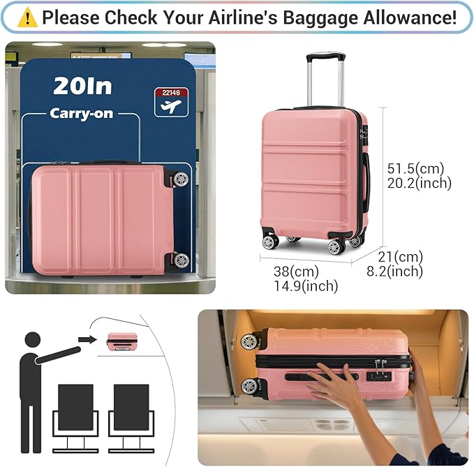 Kono 20'' Carry on Luggage Lightweight with Spinner Wheel TSA Lock Hardside Luggage Small Carry on Suitcase Nude/Rose Pink