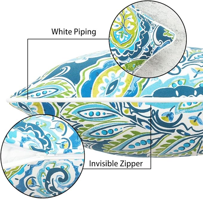 Magpie Fabrics Pack of 2 Outdoor Waterproof Lumbar Rectangular Throw Pillow with Insert, Home Decorative Toss Pillows All Weather Cushion for Patio Garden Car Office (12x20 Inch, Paisley Lapis Green)