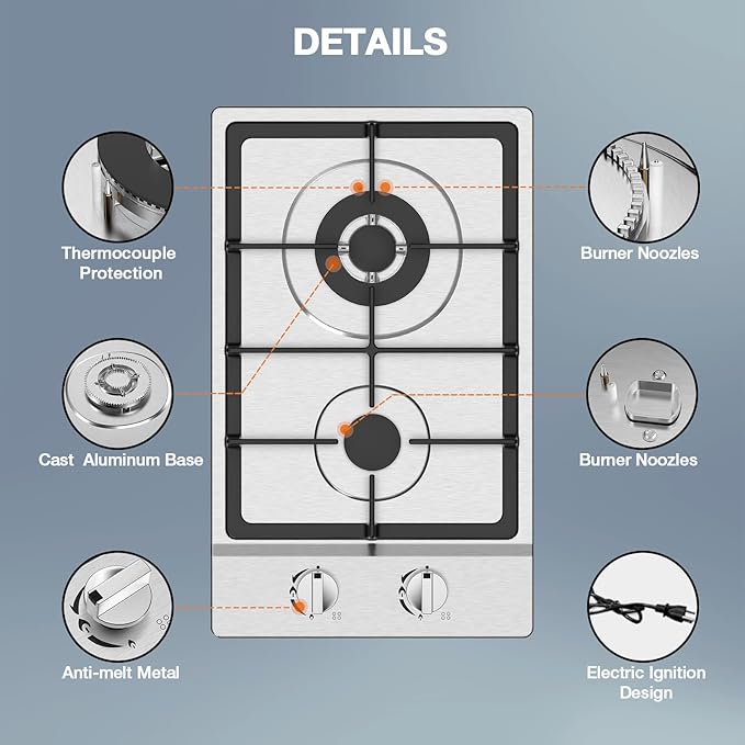 Gas Cooktop 2 Burner Propane Cooktop, Stainless Steel Propane Stove 12 inch, Bulit-in Gas Stove Top with Thermocouple Protection, Lpg/Ng Dual Fuel Drop-in Stove for Apartments, Outdoor, Rvs