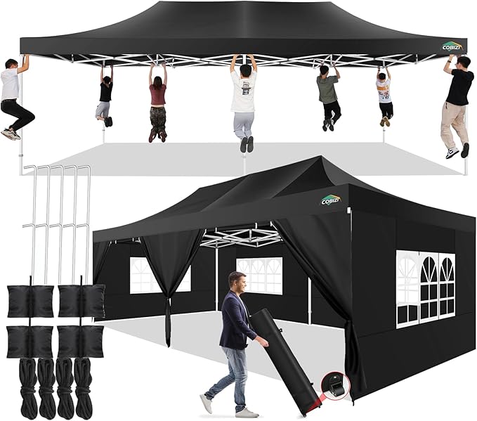 COBIZI 13x26 Pop up Canopy Tent 13x26 Canopy with 6 Sidewalls Waterproof Heavy Duty Commercial Canopy Tent for Parties Outdoor Garden Gazebo, Carry Bag with Wheel(13x26ft, Black)