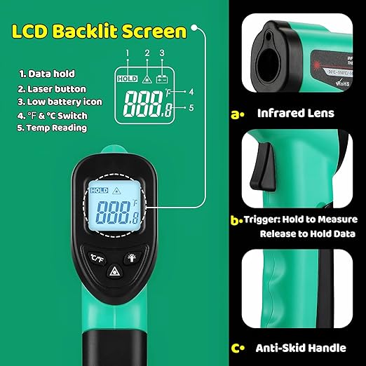 OnniOne Infrared Thermometer Gun for Cooking, -58℉~1022℉, Digital Laser Temperature Gun for Blackstone Pizza Oven Reptiles, IR Thermometer with Carrying Storage Case, Larger Font, LCD Backlit, Green