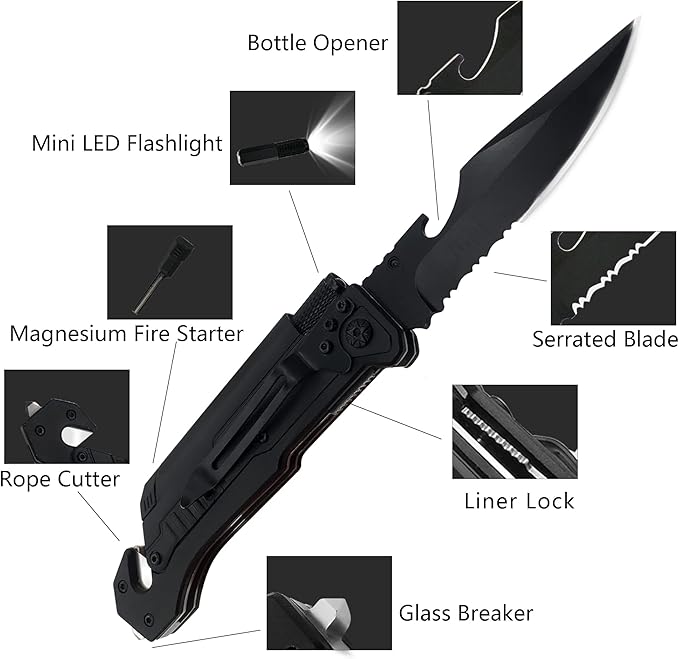 6-in-1 Tactical Folding Knife – EDC Pocket Knife with Fire Starter, LED Light & Glass Breaker – Gift for Boyfriend,Husband on Birthdays