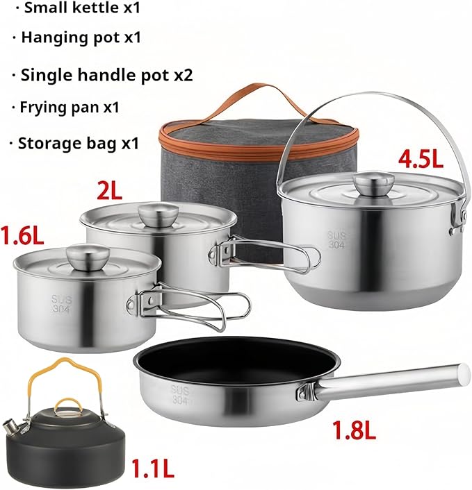 Camping Cookware Set 304 Stainless Steel 10pcs Pots & Pans,Kettle, Travel Mesh Bag for Camping, Trekking, Backyard Picnic & Backpacking Gear