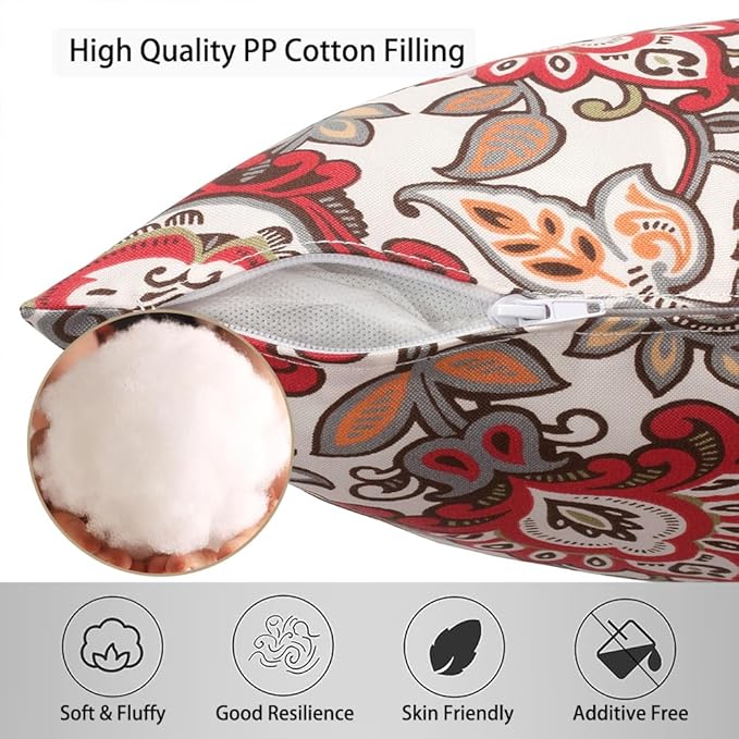 Magpie Fabrcis Pack of 2 Outdoor Waterproof Throw Pillow with Insert 18 x 18 Inch, Christmas Decorative Back Cushion Pad for Garden Patio Tent Balcony Couch Sofa(Floral Red Orange)