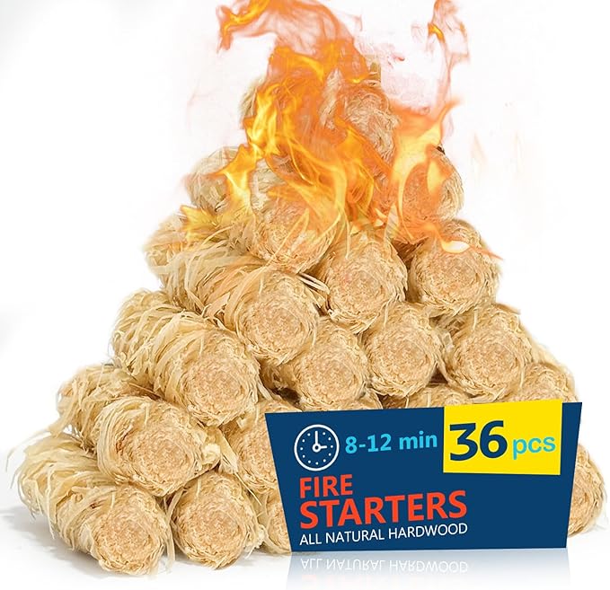 Fire Starter 36Pcs - Extra Long 12min Natural Fire Starters for Grill, Fireplace, Camping & Survival Kit | Waterproof, Odorless, Safe for BBQ/Pizza Oven/Chimney (Indoor & Outdoor)