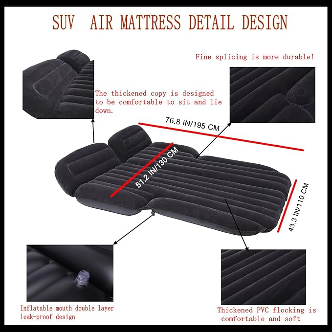Inflatable SUV Air Mattress,Thickened Flocking Inflatable Car Camping Travel Air Mattress with 2 Pillows & Air Pump,Portable Car Sleeping Bed for SUV|MPV|Minivan