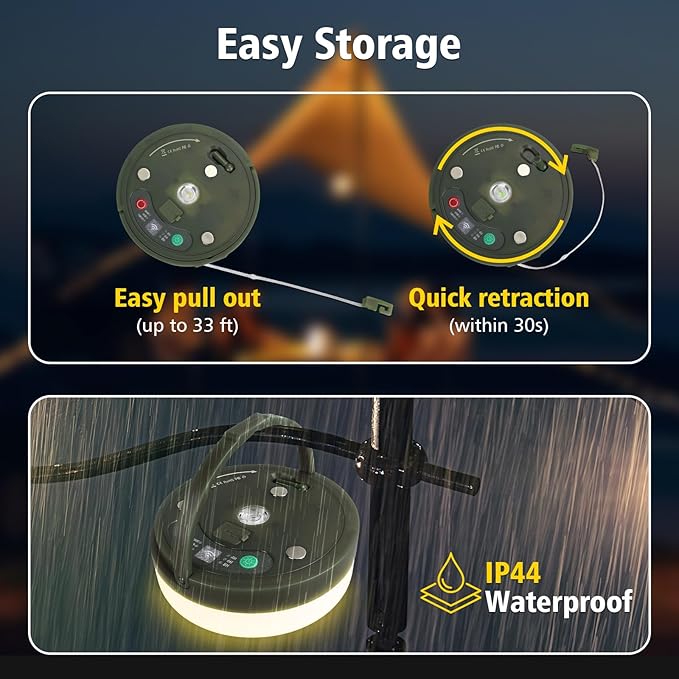 Camping String Lights 33ft, 4 in 1 Rechargeable 100 LED Outdoor Tent String Lights with 14 Lighting Modes Remote Control Waterproof with Timer Function for Camping Gear Essentials Hiking Yard Garden