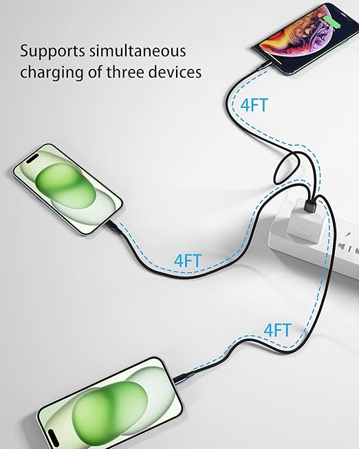 Multi USB C Cable 4FT 2Pack,3 in 1 Multiple Type C Charging,3A Splitter USB-C Charger,Nylon Cord,USB C to 3 USB C Port, Compatible with iPhone 15,iPad Pro/Air,Samsung S23,Google,Android,Kindle fire